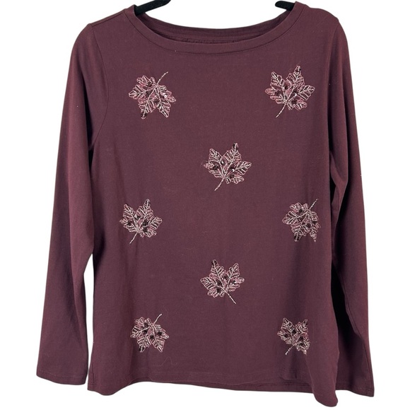 Talbots Autumn Embellished Red and Silver Crewneck Tee Size Medium - Picture 2 of 11